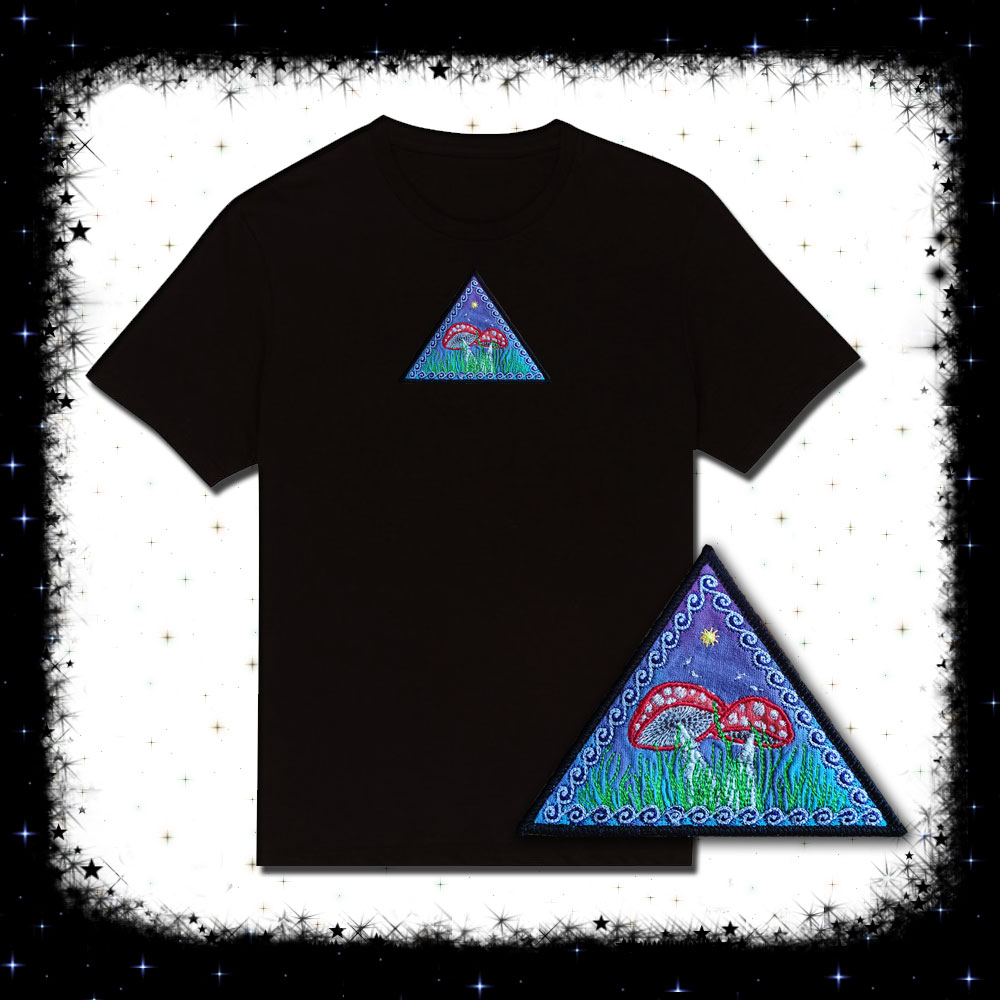 Fly Agaric Triangle Trippy Toadstool Embroidered T-shirt - Sunny or Night Sky UV Bright Glowy by Cosmic-Corner.com