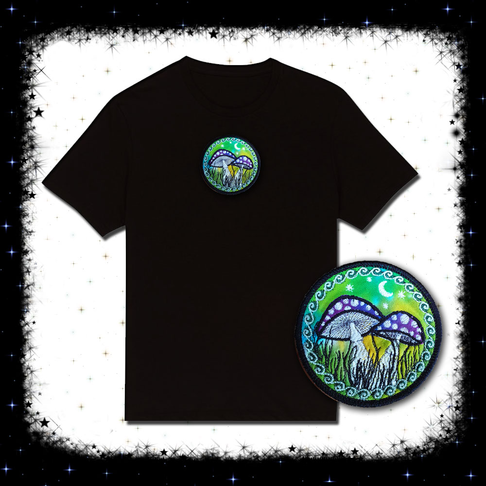 Fly Agaric Round Trippy Toadstool Embroidered T-shirt - Sunny or Night Sky UV Bright Glowy by Cosmic-Corner.com