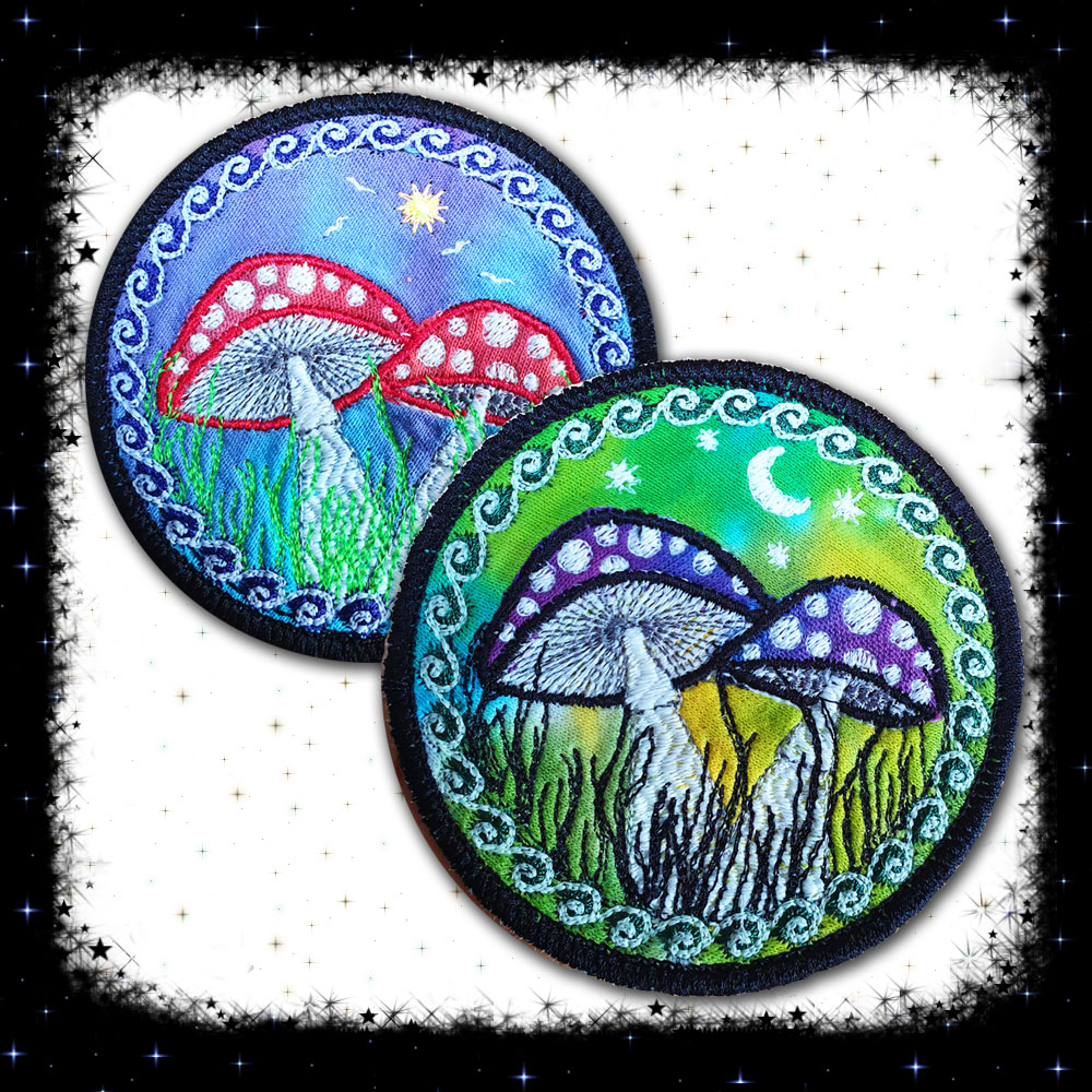 Fly Agaric Triangle Trippy Toadstool Embroidered sew/iron-on patch - Sunny or Night Sky UV Bright Glowy by Cosmic-Corner.com