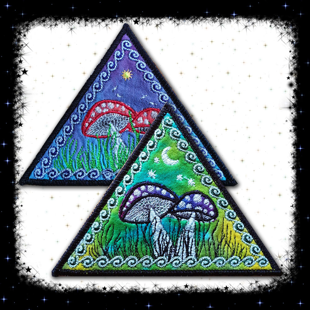 Fly Agaric Triangle Trippy Toadstool Embroidered sew/iron-on patch - Sunny or Night Sky UV Bright Glowy by Cosmic-Corner.com