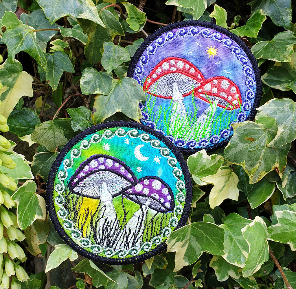 Fly Agaric Round Trippy Toadstool Embroidered sew/iron-on patch - Sunny or Night Sky UV Bright Glowy by Cosmic-Corner.com