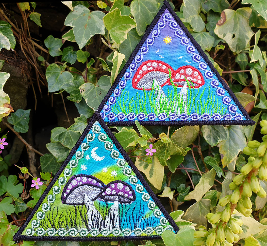 Fly Agaric Triangle Trippy Toadstool Embroidered sew/iron-on patch - Sunny or Night Sky UV Bright Glowy by Cosmic-Corner.com