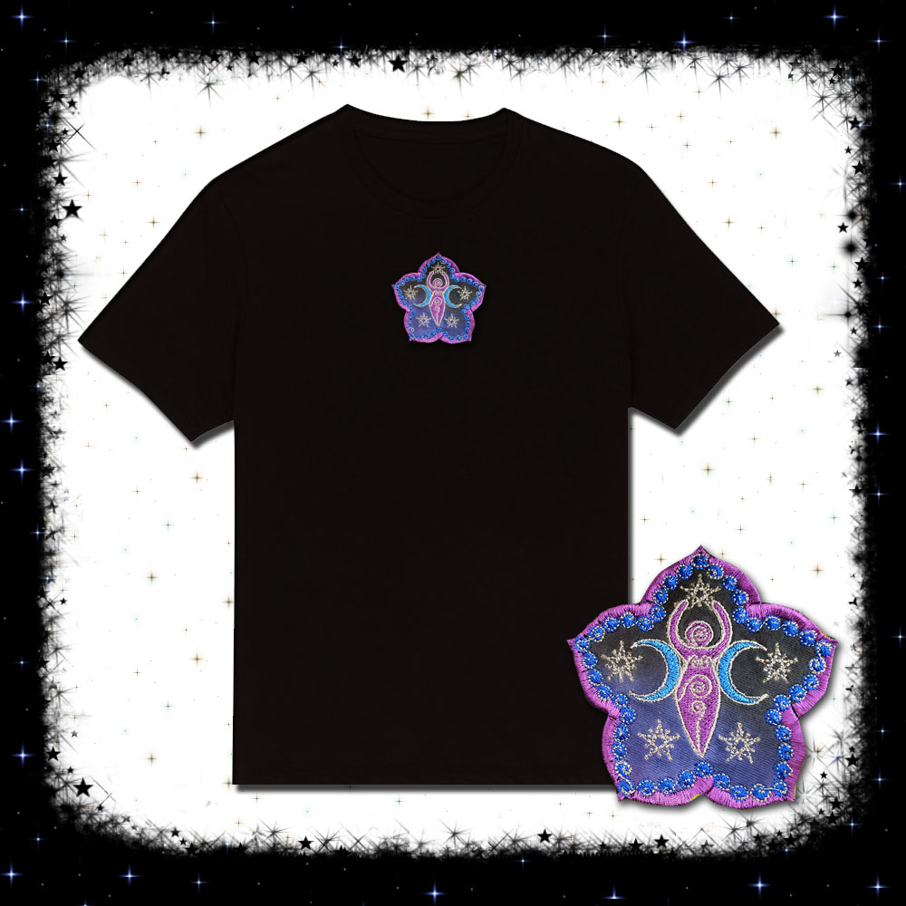 Sacred Moon Flower Pentacle Star Goddess Embroidered T-shirt by Cosmic-Corner.com