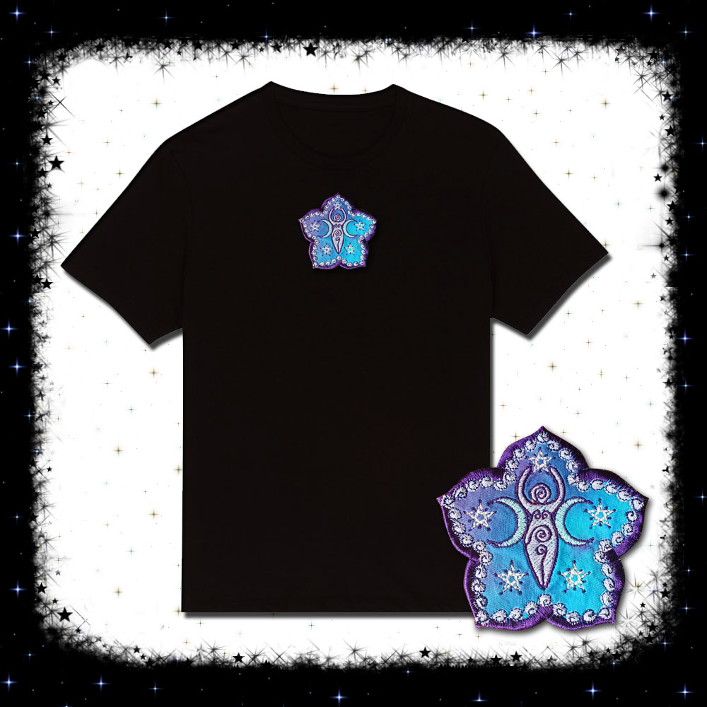 Sacred Moon Flower Pentacle Star Goddess Embroidered T-shirt by Cosmic-Corner.com